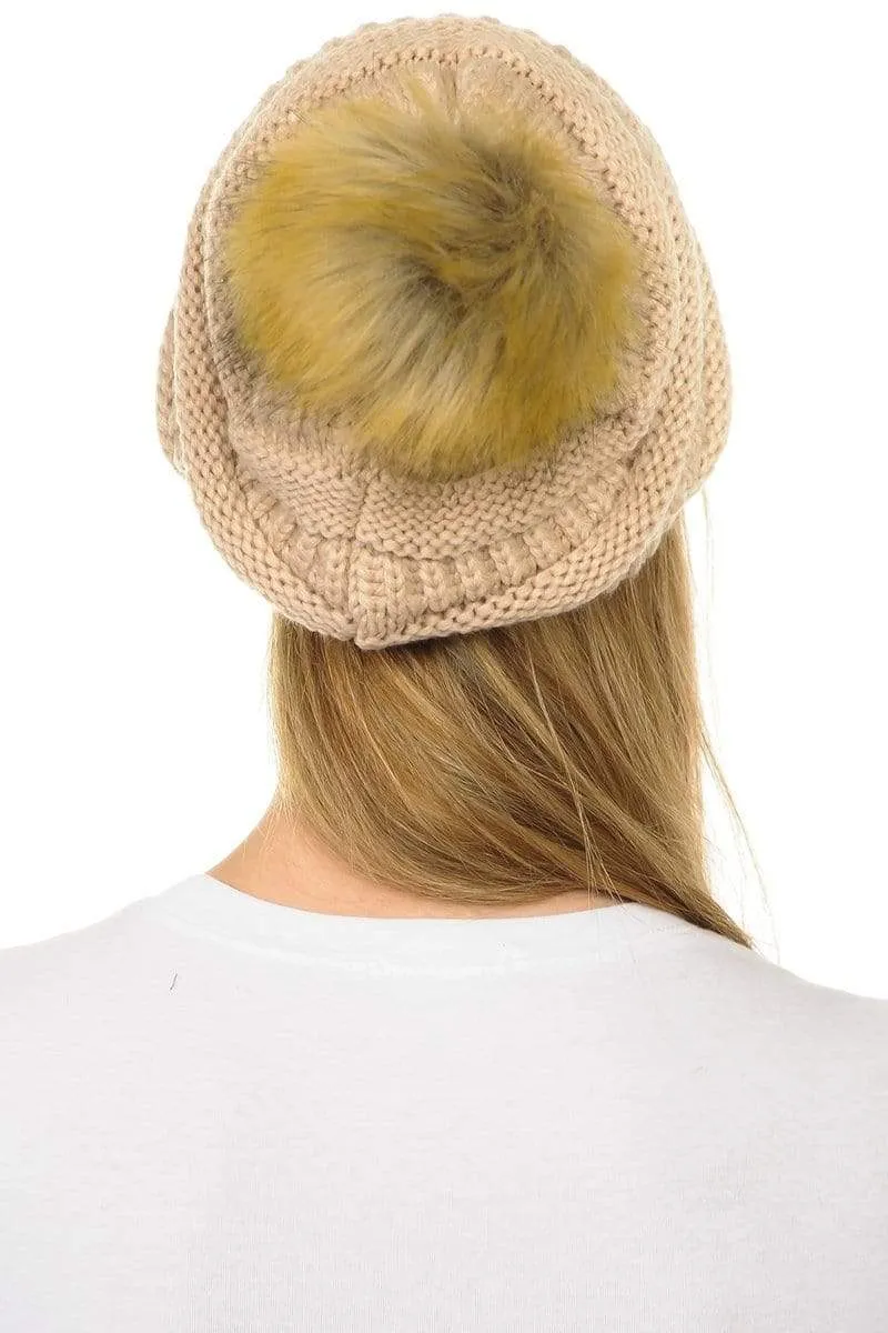 C.C Hat 43 - Slouchy Thick Warm Cap Hat Skully Faux Fur Pom Pom Cable Knit Beanie