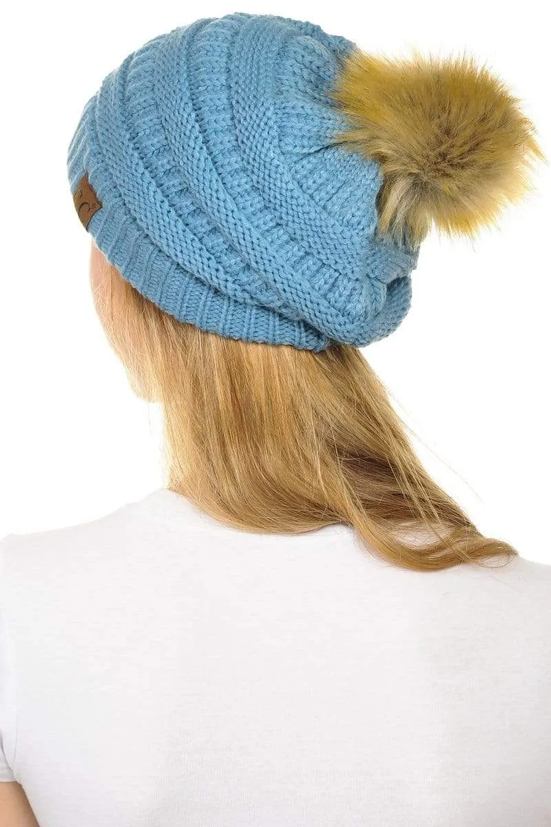 C.C Hat 43 - Slouchy Thick Warm Cap Hat Skully Faux Fur Pom Pom Cable Knit Beanie