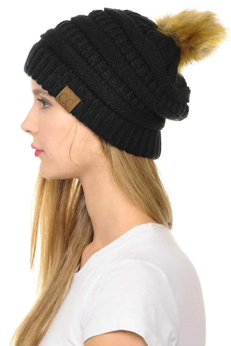 C.C Hat 43 - Slouchy Thick Warm Cap Hat Skully Faux Fur Pom Pom Cable Knit Beanie