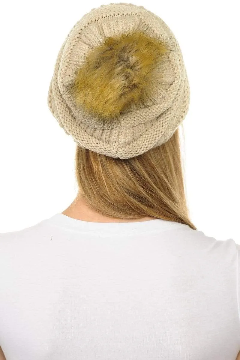 C.C Hat 43 - Slouchy Thick Warm Cap Hat Skully Faux Fur Pom Pom Cable Knit Beanie