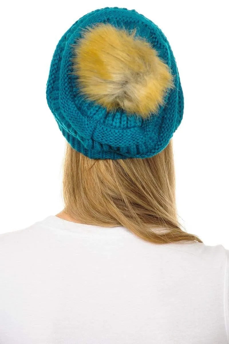 C.C Hat 43 - Slouchy Thick Warm Cap Hat Skully Faux Fur Pom Pom Cable Knit Beanie
