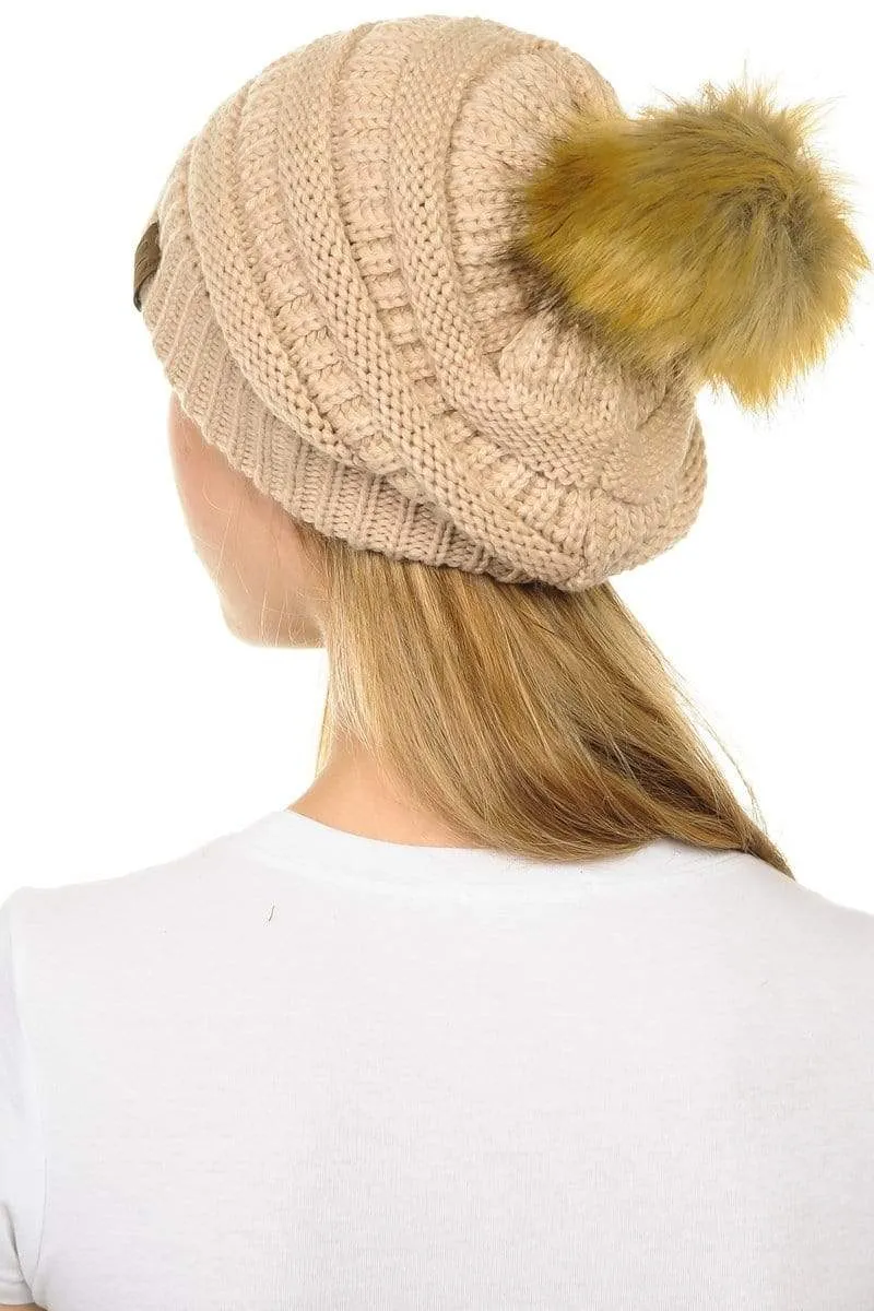 C.C Hat 43 - Slouchy Thick Warm Cap Hat Skully Faux Fur Pom Pom Cable Knit Beanie