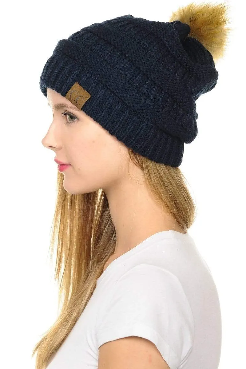 C.C Hat 43 - Slouchy Thick Warm Cap Hat Skully Faux Fur Pom Pom Cable Knit Beanie