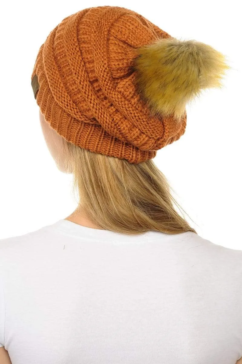 C.C Hat 43 - Slouchy Thick Warm Cap Hat Skully Faux Fur Pom Pom Cable Knit Beanie