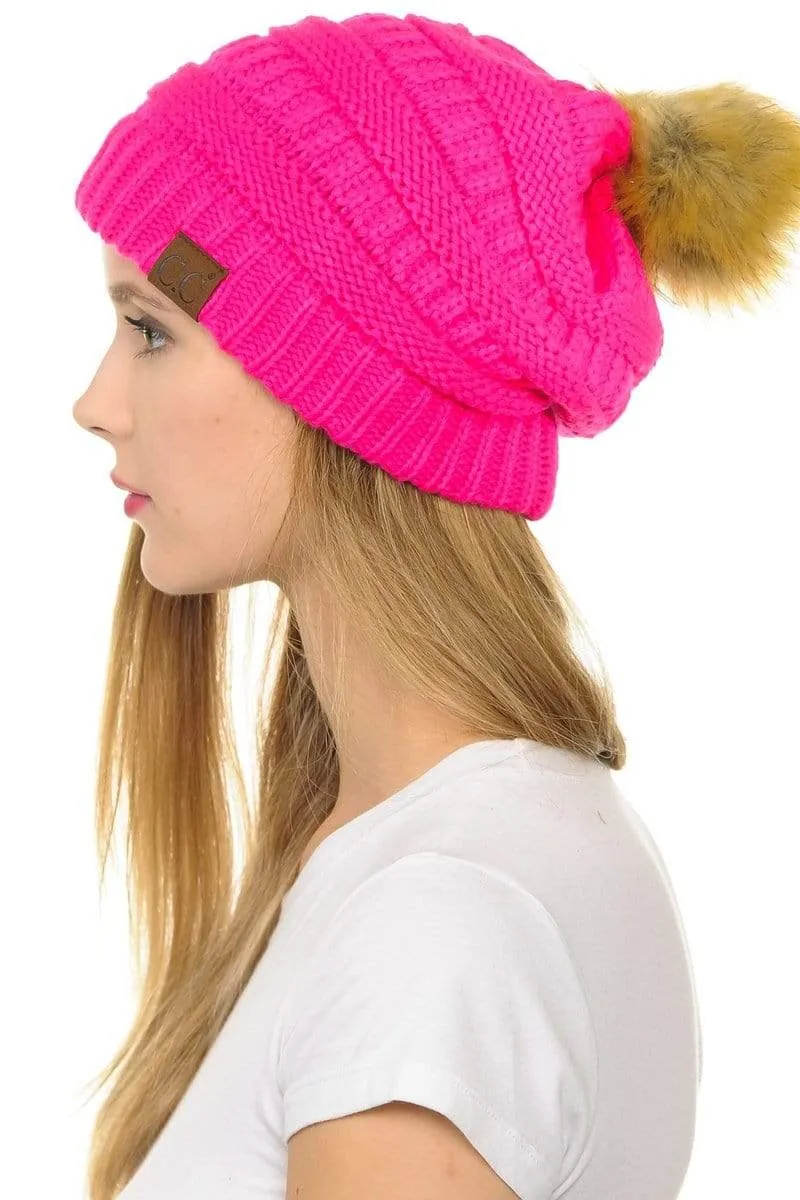 C.C Hat 43 - Slouchy Thick Warm Cap Hat Skully Faux Fur Pom Pom Cable Knit Beanie