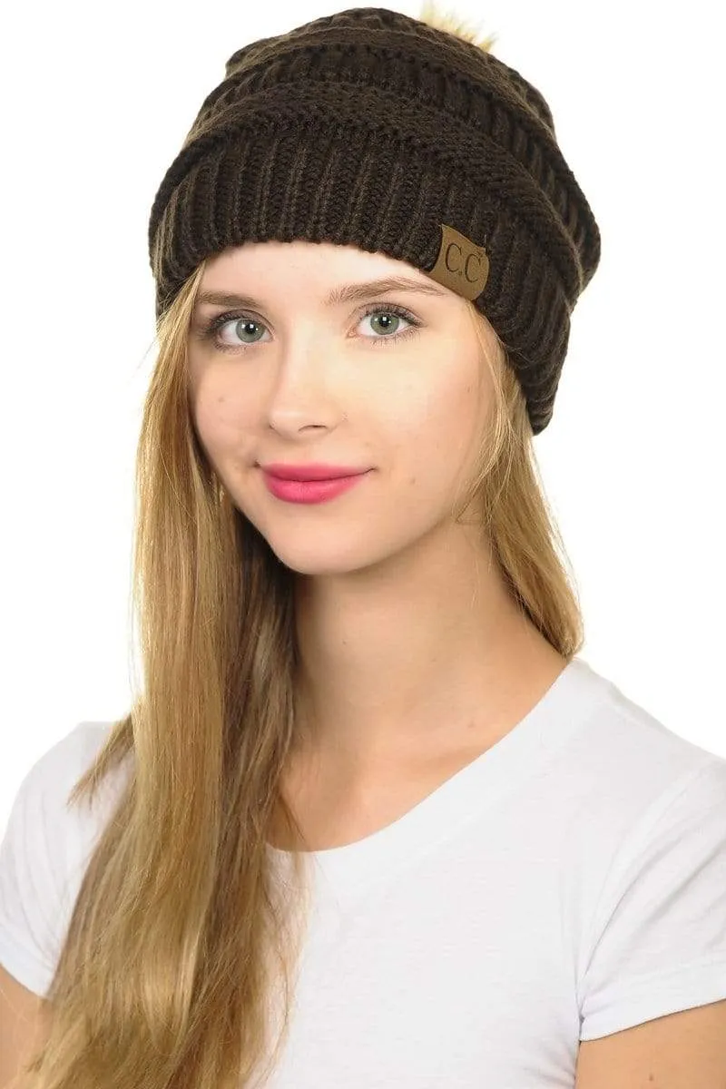 C.C Hat 43 - Slouchy Thick Warm Cap Hat Skully Faux Fur Pom Pom Cable Knit Beanie