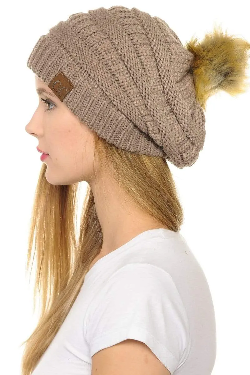 C.C Hat 43 - Slouchy Thick Warm Cap Hat Skully Faux Fur Pom Pom Cable Knit Beanie