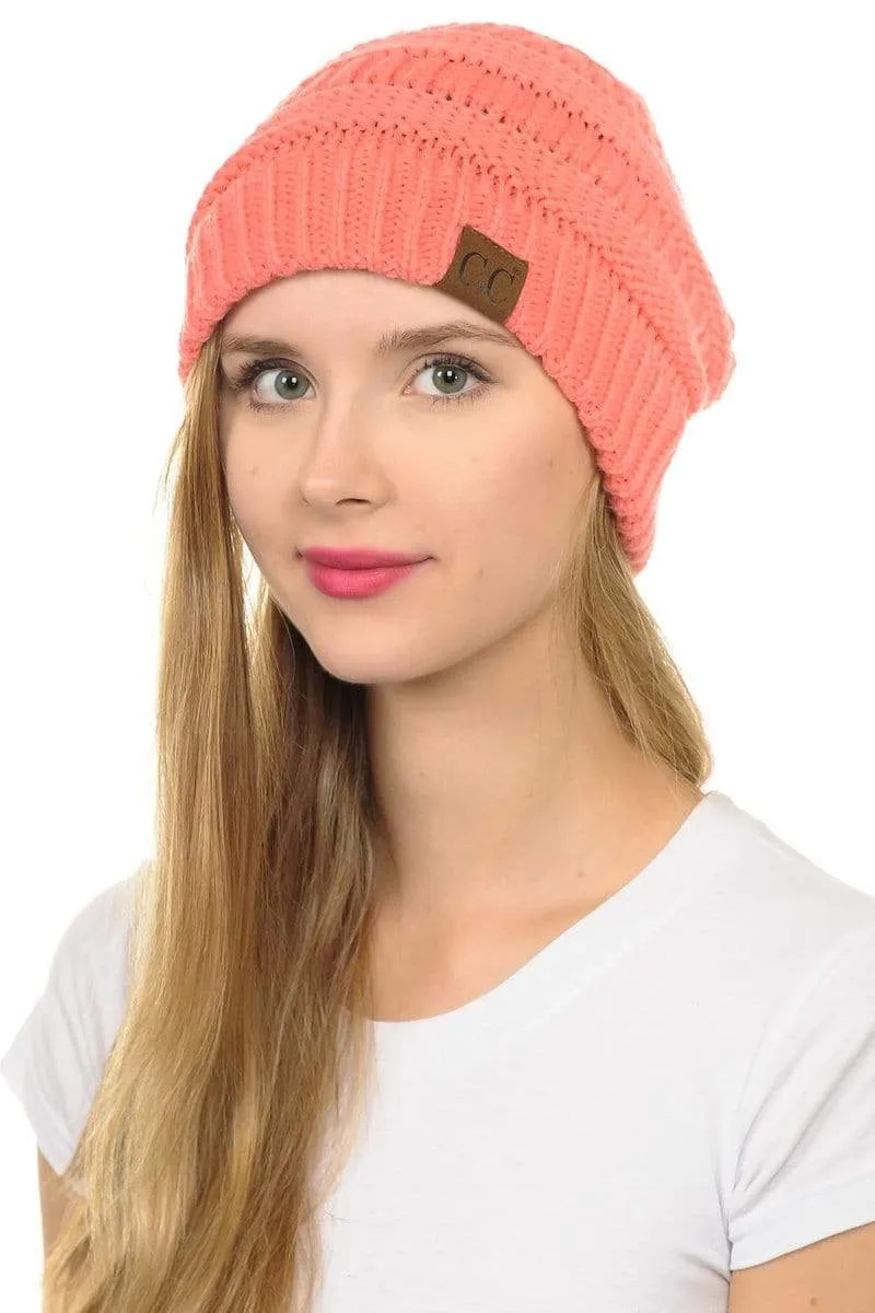 C.C Hat 43 - Slouchy Thick Warm Cap Hat Skully Faux Fur Pom Pom Cable Knit Beanie