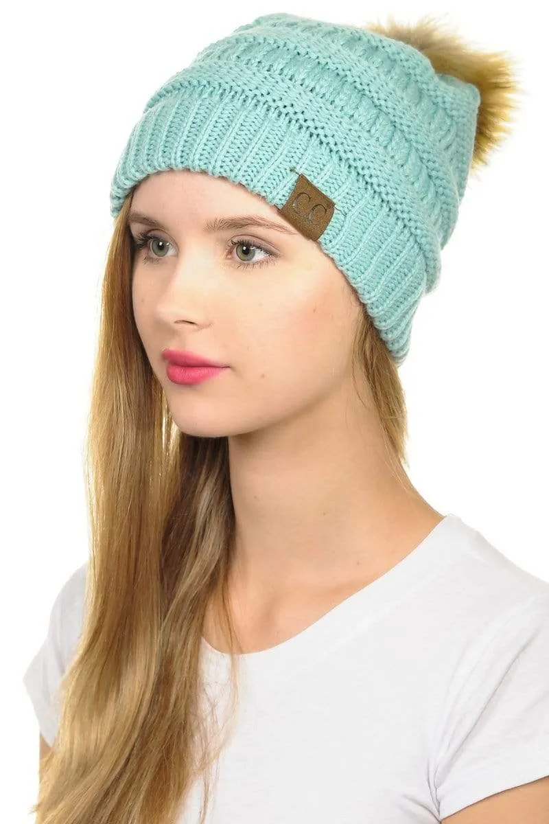 C.C Hat 43 - Slouchy Thick Warm Cap Hat Skully Faux Fur Pom Pom Cable Knit Beanie