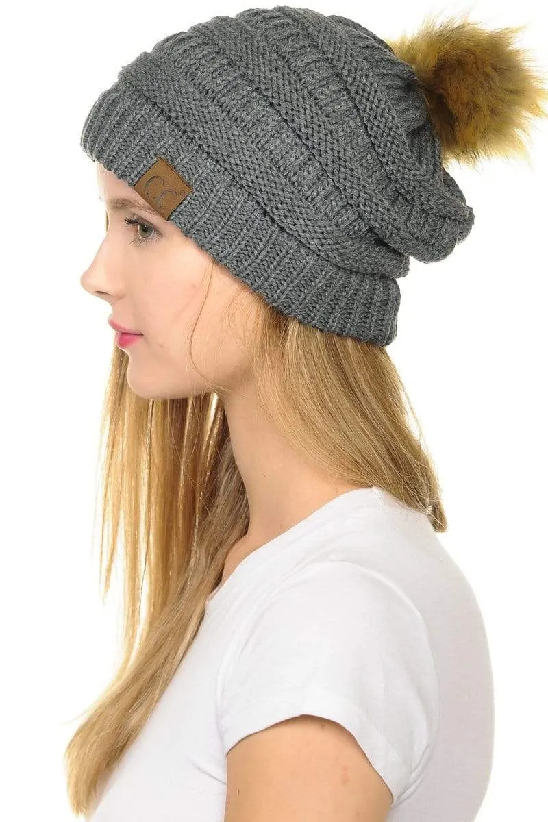 C.C Hat 43 - Slouchy Thick Warm Cap Hat Skully Faux Fur Pom Pom Cable Knit Beanie