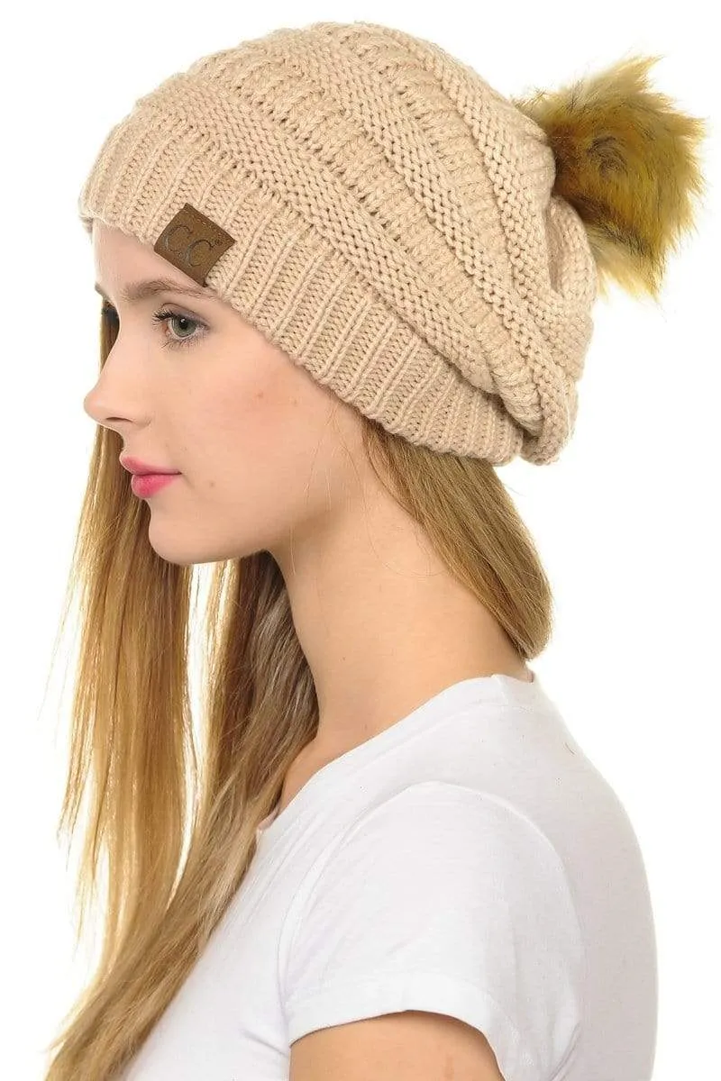 C.C Hat 43 - Slouchy Thick Warm Cap Hat Skully Faux Fur Pom Pom Cable Knit Beanie