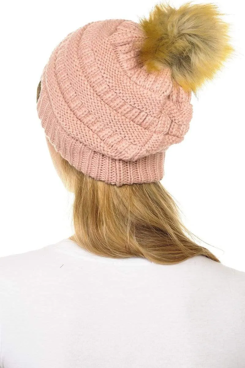 C.C Hat 43 - Slouchy Thick Warm Cap Hat Skully Faux Fur Pom Pom Cable Knit Beanie