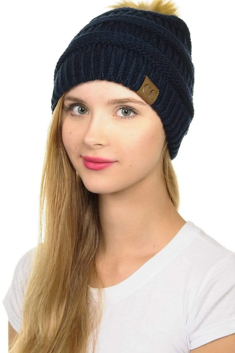 C.C Hat 43 - Slouchy Thick Warm Cap Hat Skully Faux Fur Pom Pom Cable Knit Beanie