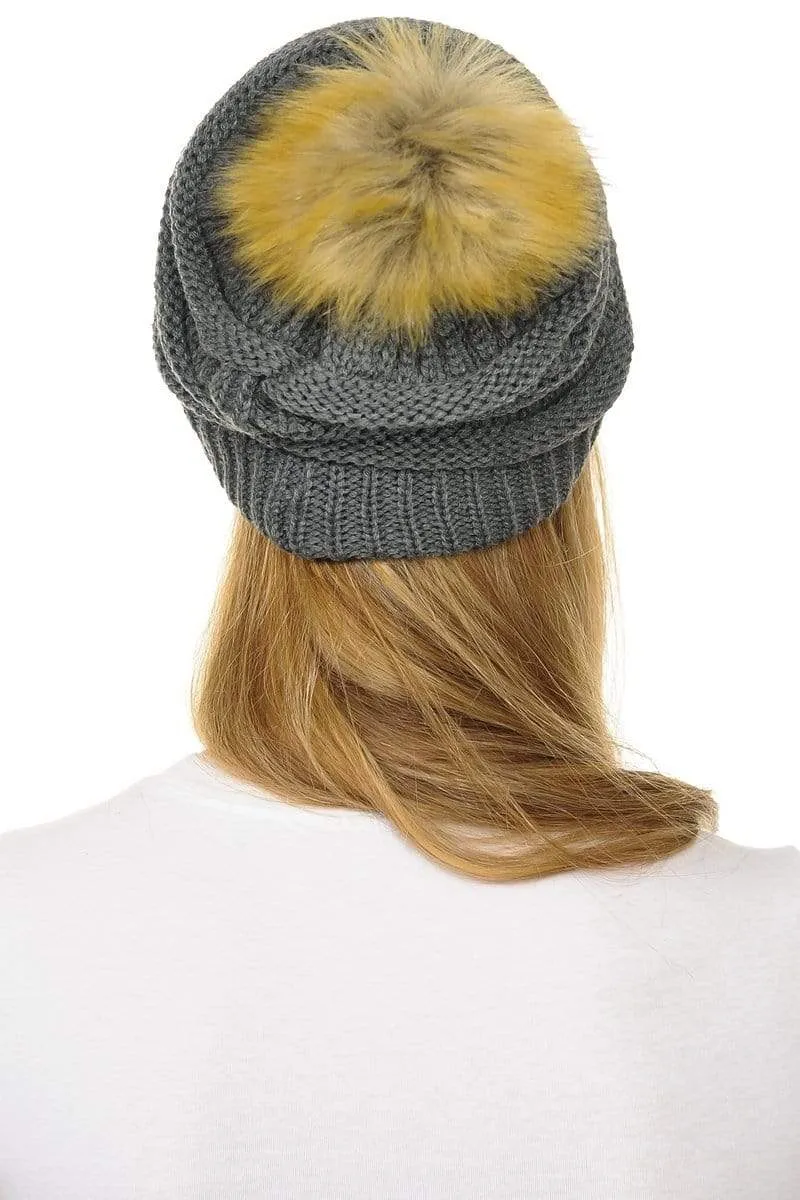 C.C Hat 43 - Slouchy Thick Warm Cap Hat Skully Faux Fur Pom Pom Cable Knit Beanie