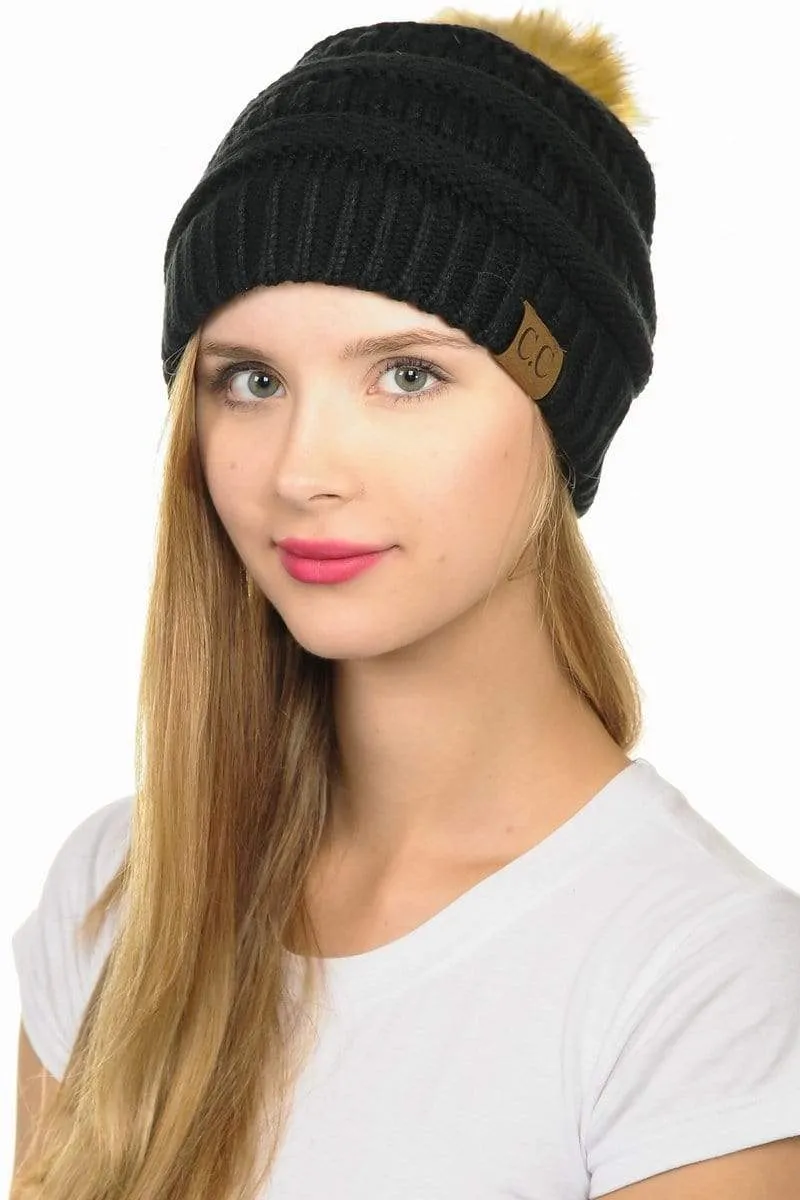 C.C Hat 43 - Slouchy Thick Warm Cap Hat Skully Faux Fur Pom Pom Cable Knit Beanie
