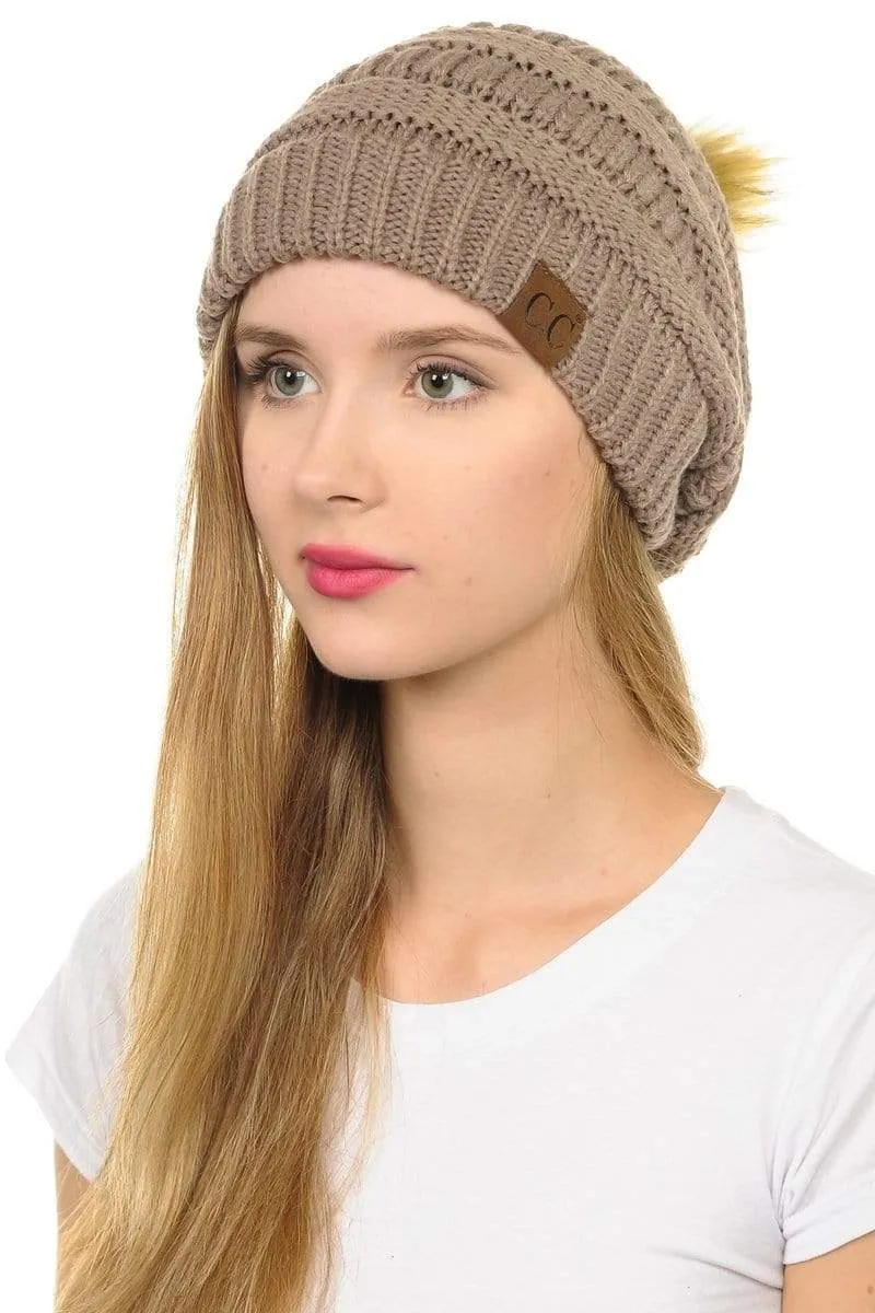 C.C Hat 43 - Slouchy Thick Warm Cap Hat Skully Faux Fur Pom Pom Cable Knit Beanie