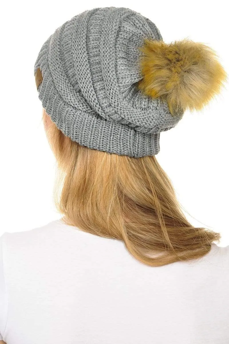 C.C Hat 43 - Slouchy Thick Warm Cap Hat Skully Faux Fur Pom Pom Cable Knit Beanie