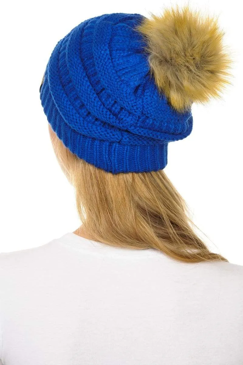 C.C Hat 43 - Slouchy Thick Warm Cap Hat Skully Faux Fur Pom Pom Cable Knit Beanie