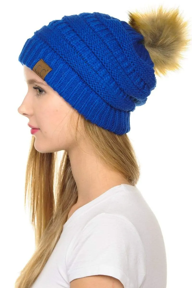 C.C Hat 43 - Slouchy Thick Warm Cap Hat Skully Faux Fur Pom Pom Cable Knit Beanie