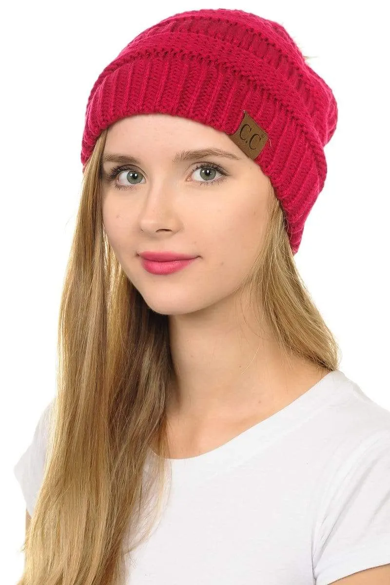 C.C Hat 43 - Slouchy Thick Warm Cap Hat Skully Faux Fur Pom Pom Cable Knit Beanie