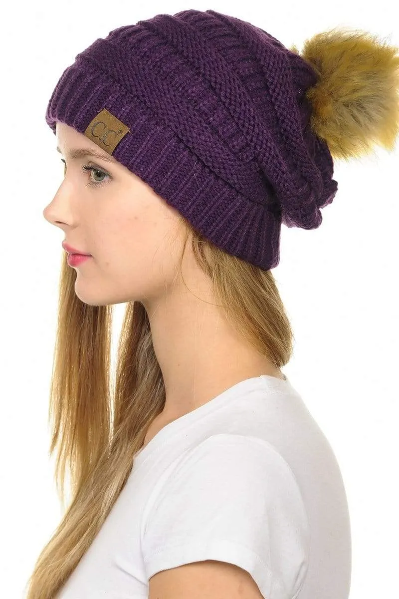 C.C Hat 43 - Slouchy Thick Warm Cap Hat Skully Faux Fur Pom Pom Cable Knit Beanie