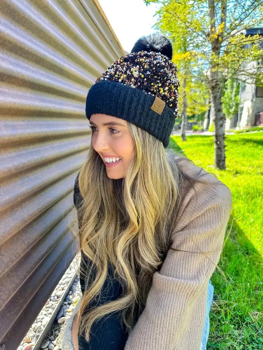 Cluster Sequin Faux Fur Pom Beanie