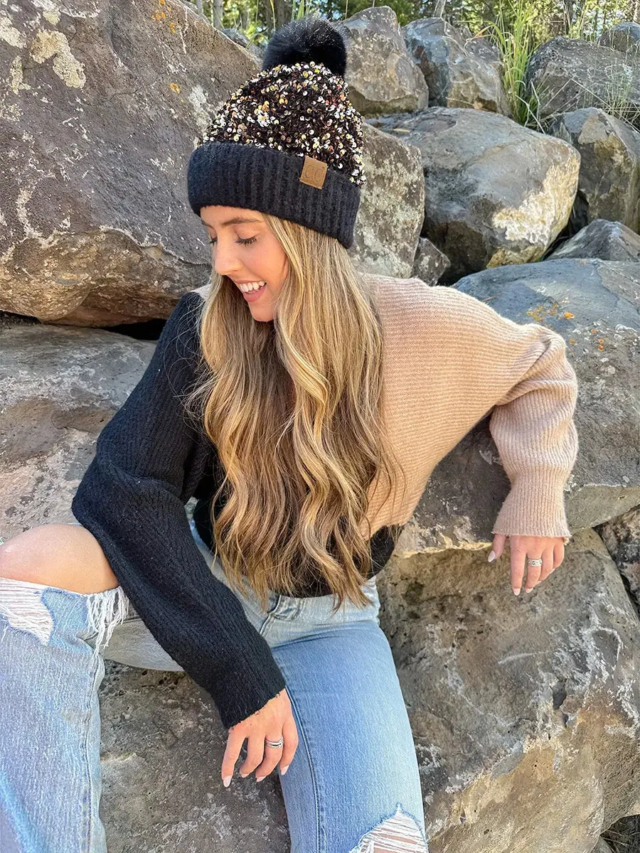 Cluster Sequin Faux Fur Pom Beanie