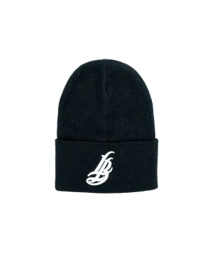 Cursive LB White on Black Long Beanie