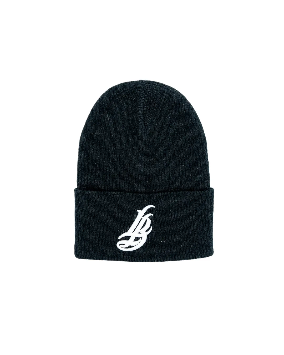 Cursive LB White on Black Long Beanie