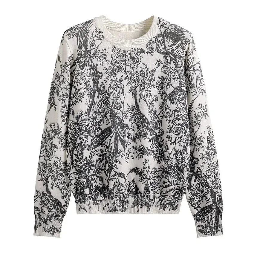 Fall Winter Women Casual Style Animal Pattern Printing Pullover Sweater Classic Crew Neck Knit Tops C-069