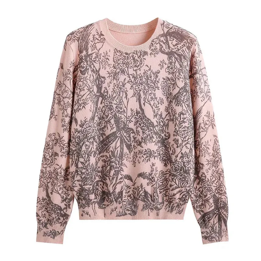Fall Winter Women Casual Style Animal Pattern Printing Pullover Sweater Classic Crew Neck Knit Tops C-069
