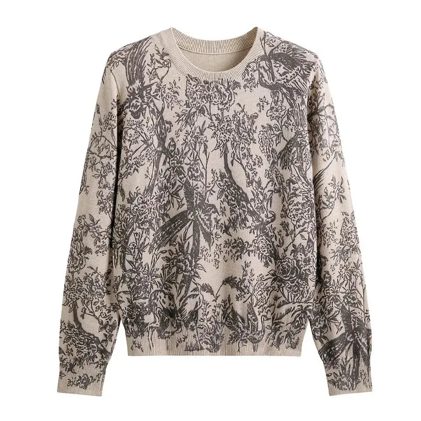 Fall Winter Women Casual Style Animal Pattern Printing Pullover Sweater Classic Crew Neck Knit Tops C-069