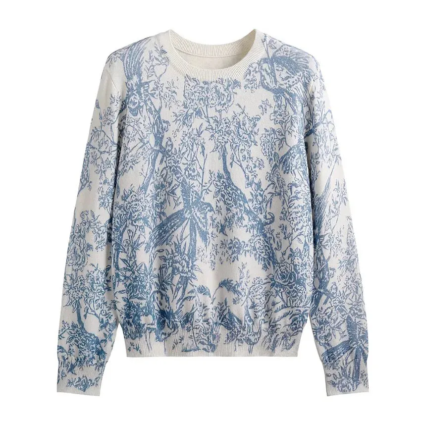 Fall Winter Women Casual Style Animal Pattern Printing Pullover Sweater Classic Crew Neck Knit Tops C-069