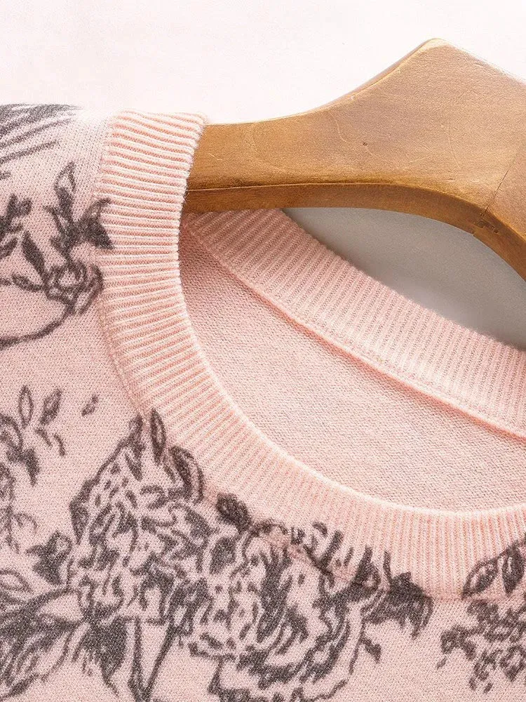 Fall Winter Women Casual Style Animal Pattern Printing Pullover Sweater Classic Crew Neck Knit Tops C-069