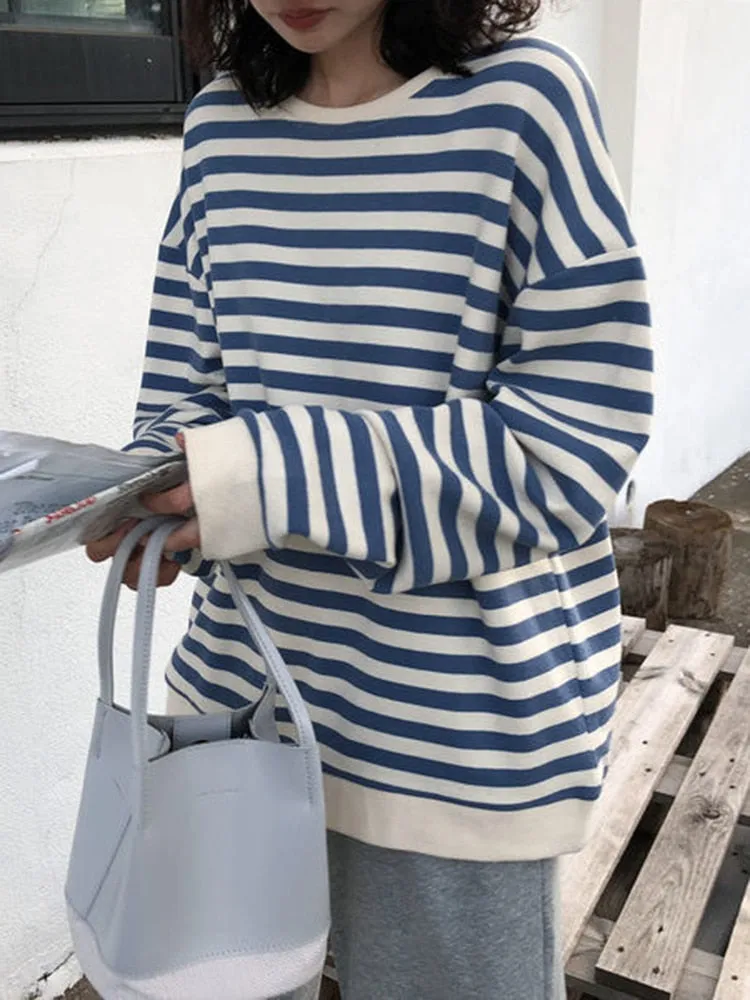 Fashion Striped Women Sweatshirt Harajuku Casual O Neck Cotton Tops Spring Long Sleeve Blue Oversized Female Hoodies