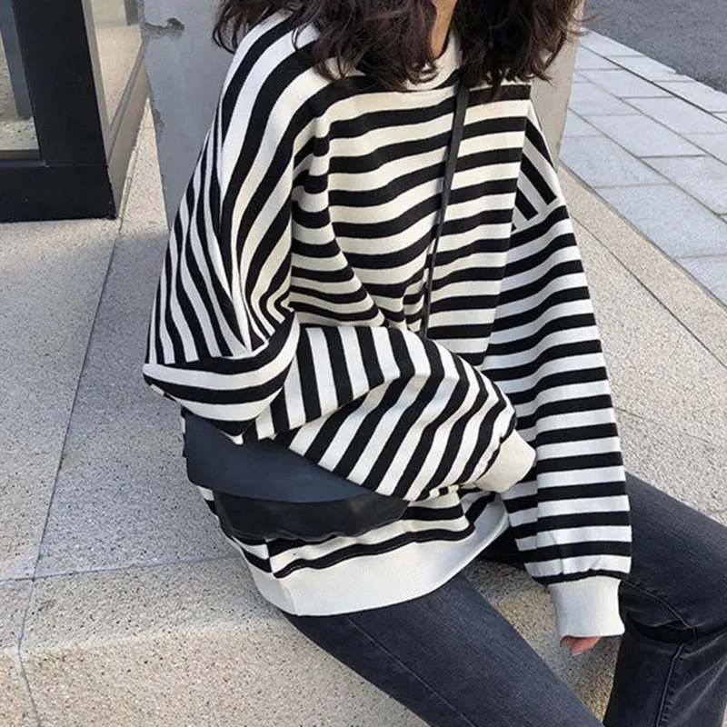 Fashion Striped Women Sweatshirt Harajuku Casual O Neck Cotton Tops Spring Long Sleeve Blue Oversized Female Hoodies