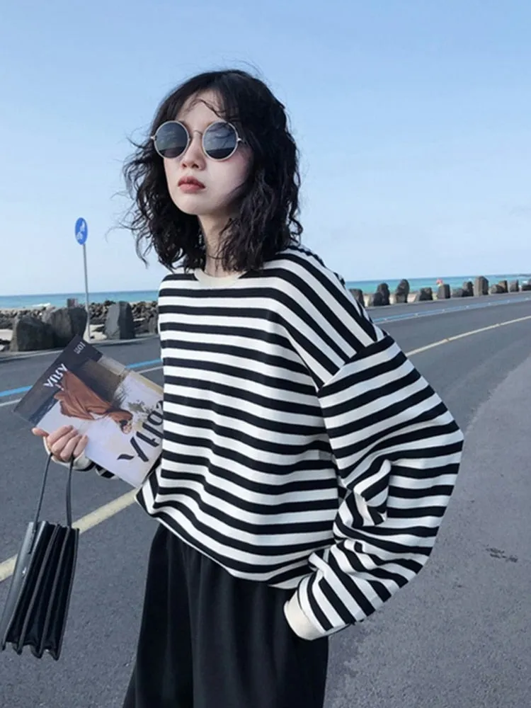 Fashion Striped Women Sweatshirt Harajuku Casual O Neck Cotton Tops Spring Long Sleeve Blue Oversized Female Hoodies