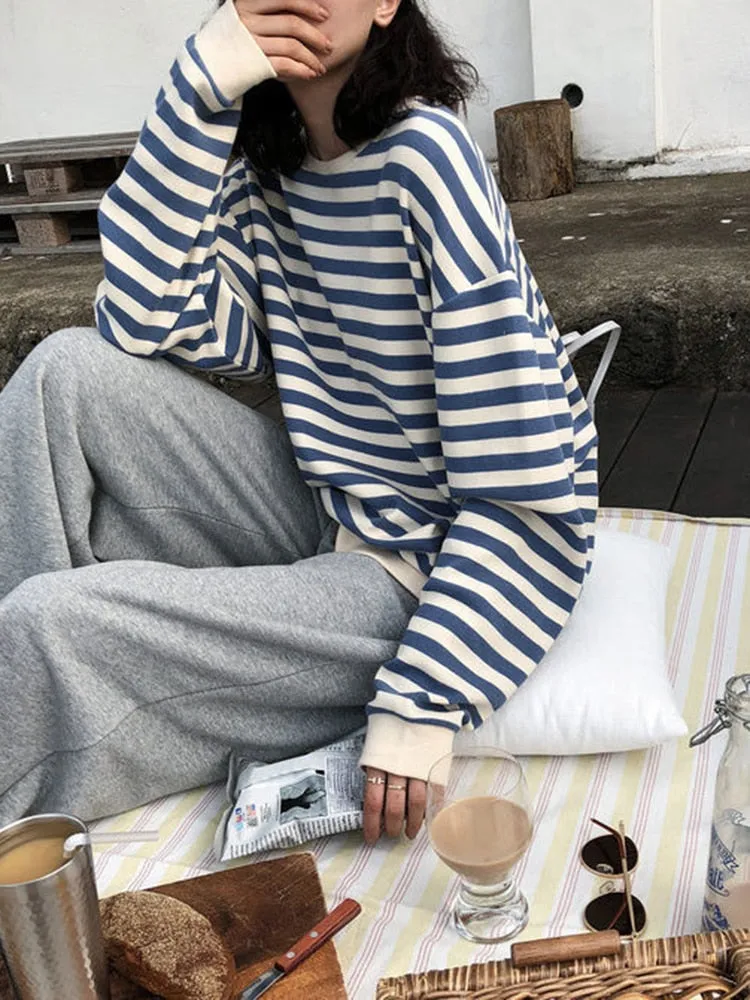 Fashion Striped Women Sweatshirt Harajuku Casual O Neck Cotton Tops Spring Long Sleeve Blue Oversized Female Hoodies