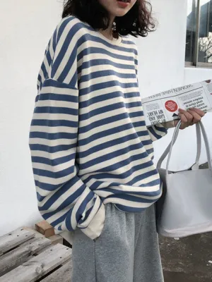 Fashion Striped Women Sweatshirt Harajuku Casual O Neck Cotton Tops Spring Long Sleeve Blue Oversized Female Hoodies