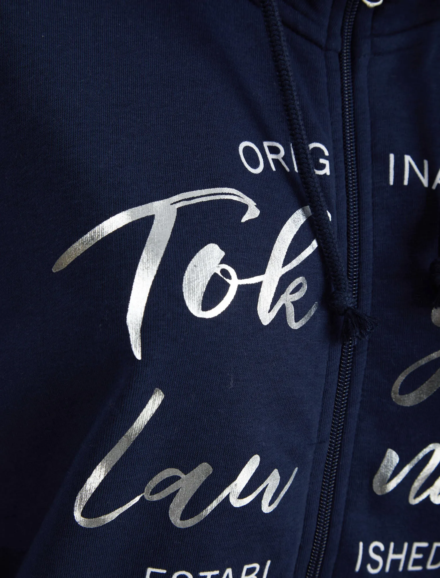 Florence Zip Through Hoodie with Foil Motif in Peacoat - Tokyo Laundry