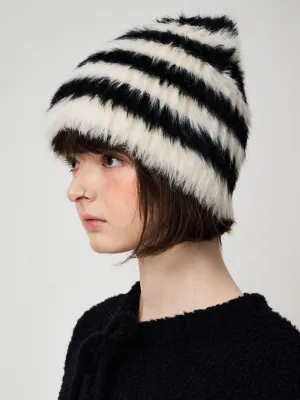 FUNFROMFUN HAIRY KNIT BEANIE, BLACK IVORY