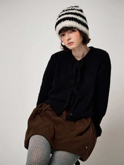FUNFROMFUN HAIRY KNIT BEANIE, BLACK IVORY