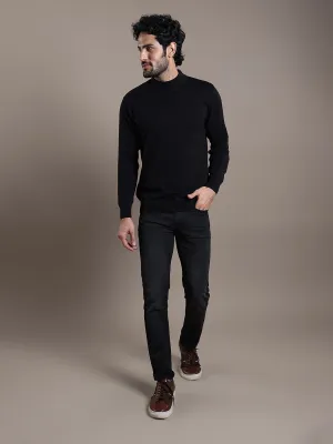 Knitted Navy Blue Striped Regular Fit Full Sleeve Casual Pullover