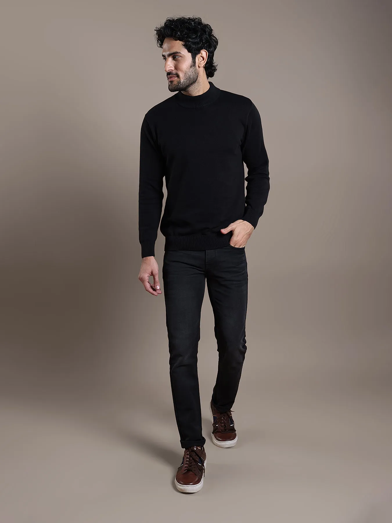 Knitted Navy Blue Striped Regular Fit Full Sleeve Casual Pullover