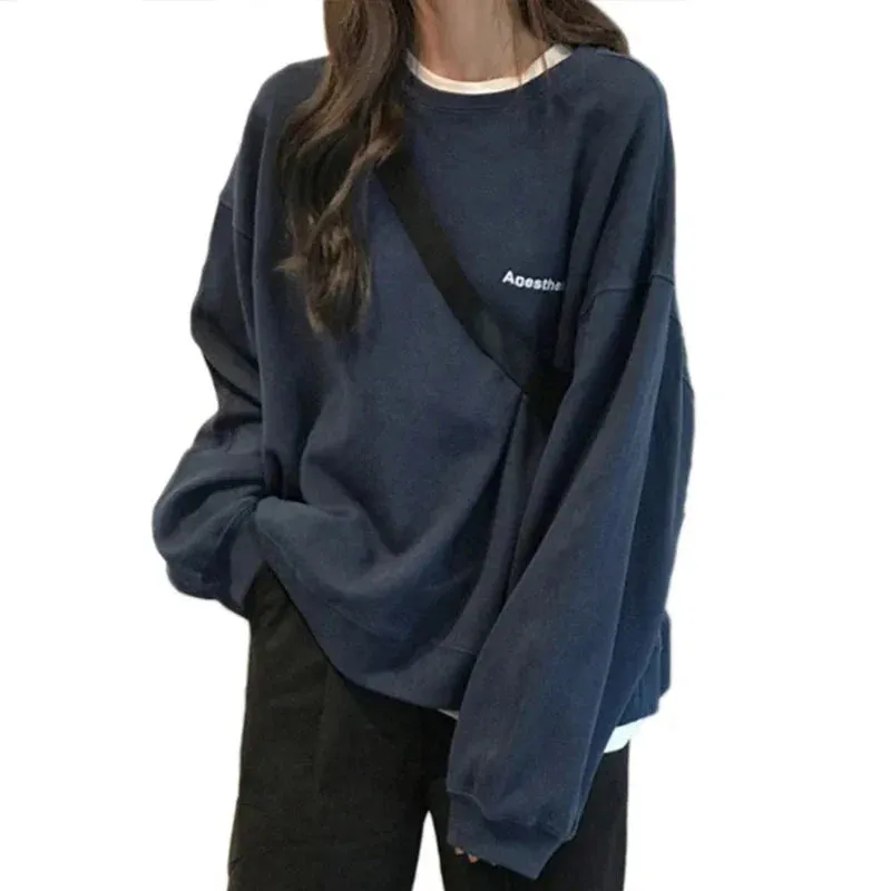 Metaversmall Kpop Letter Hoody Fashion Korean Thin Chic Women's Sweatshirts Cool Navy Blue Gray Hoodies for Women M-XXL