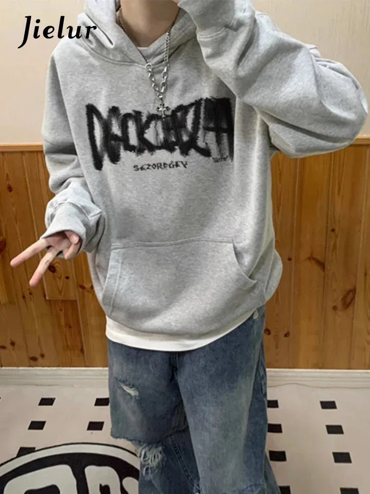 Metaversmall Light Grey Hooded Chic Letter Print Female Hoodies Winter New 4-colors Fashion Pocket Loose Simple Casual Women Hoodies