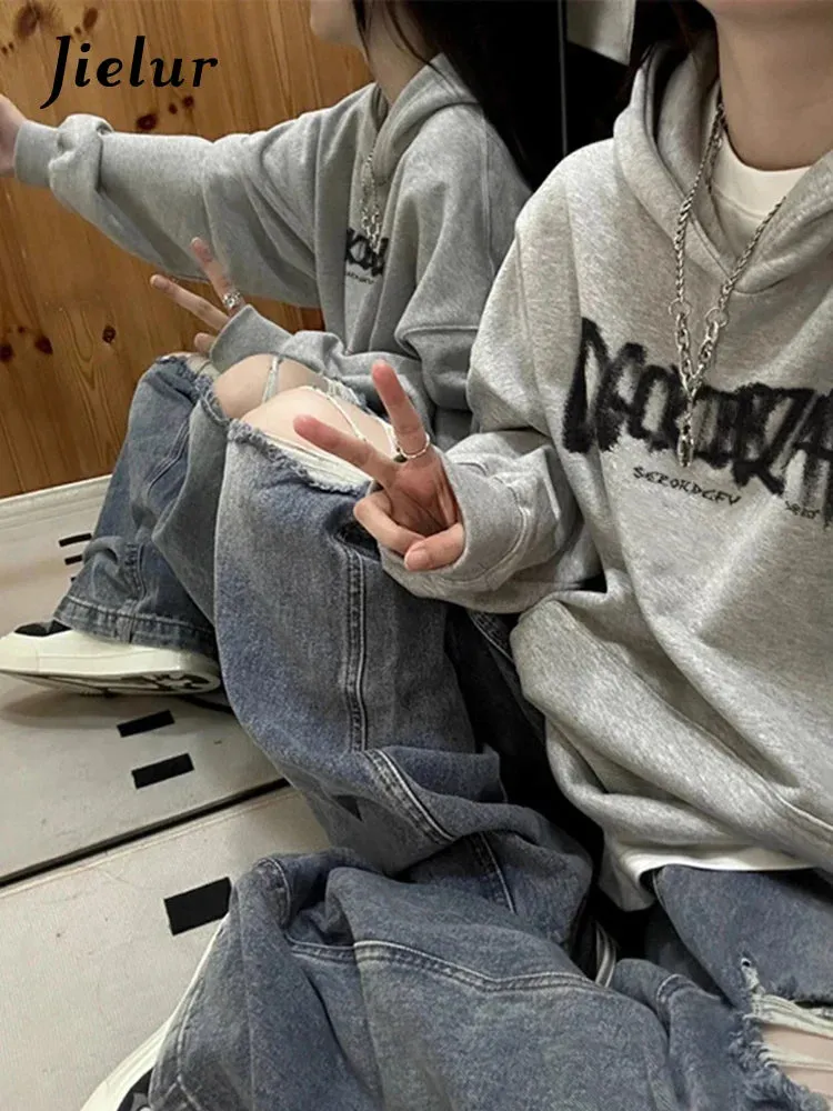 Metaversmall Light Grey Hooded Chic Letter Print Female Hoodies Winter New 4-colors Fashion Pocket Loose Simple Casual Women Hoodies