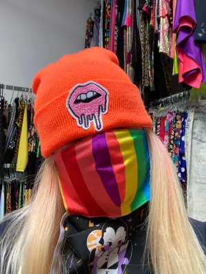 Neon Orange Drippy Lips Beanie
