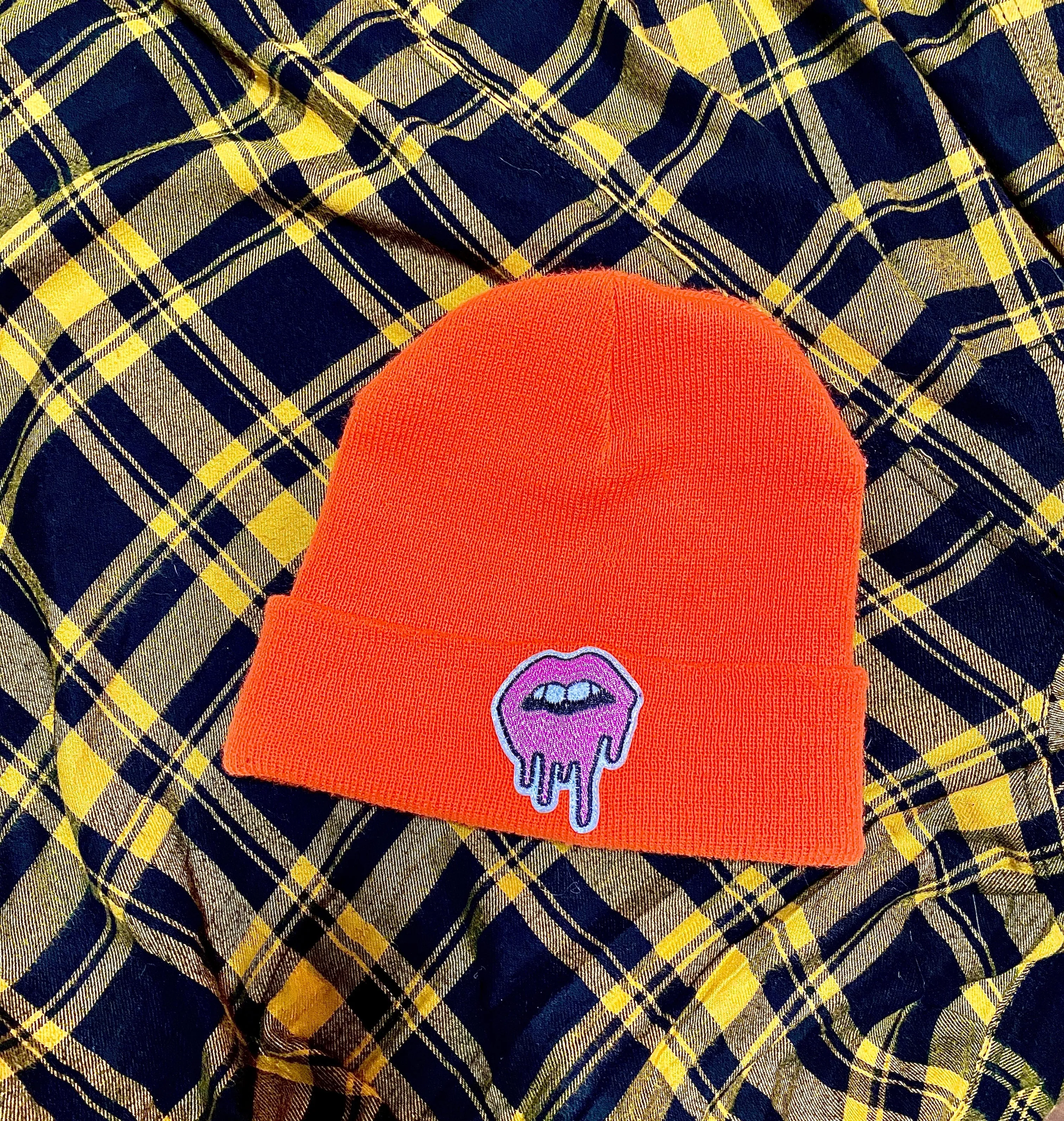 Neon Orange Drippy Lips Beanie