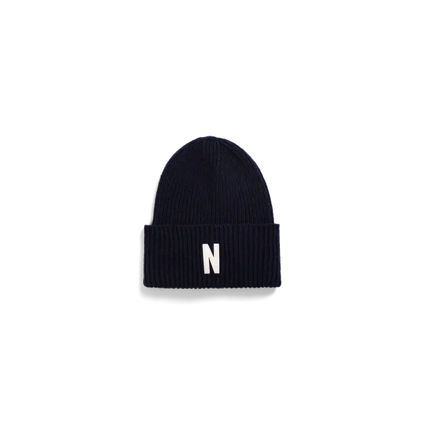 Norse Projects Merino Lambswool N Logo Beanie - Dark Navy